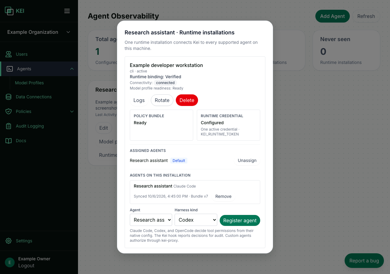 Runtime installation active with verified binding in Agents → Runtime installations