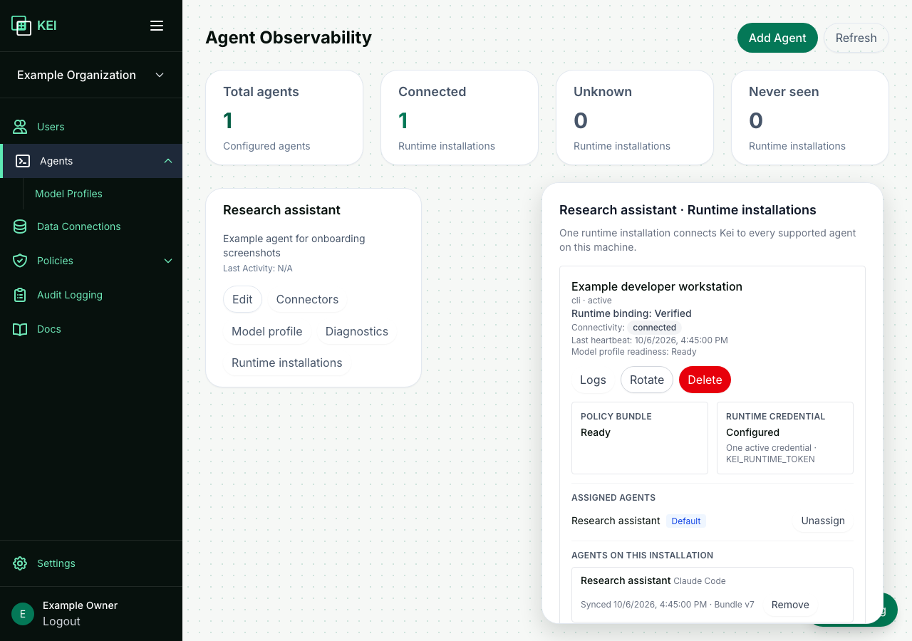 Agents page showing one connected runtime installation and its recent heartbeat