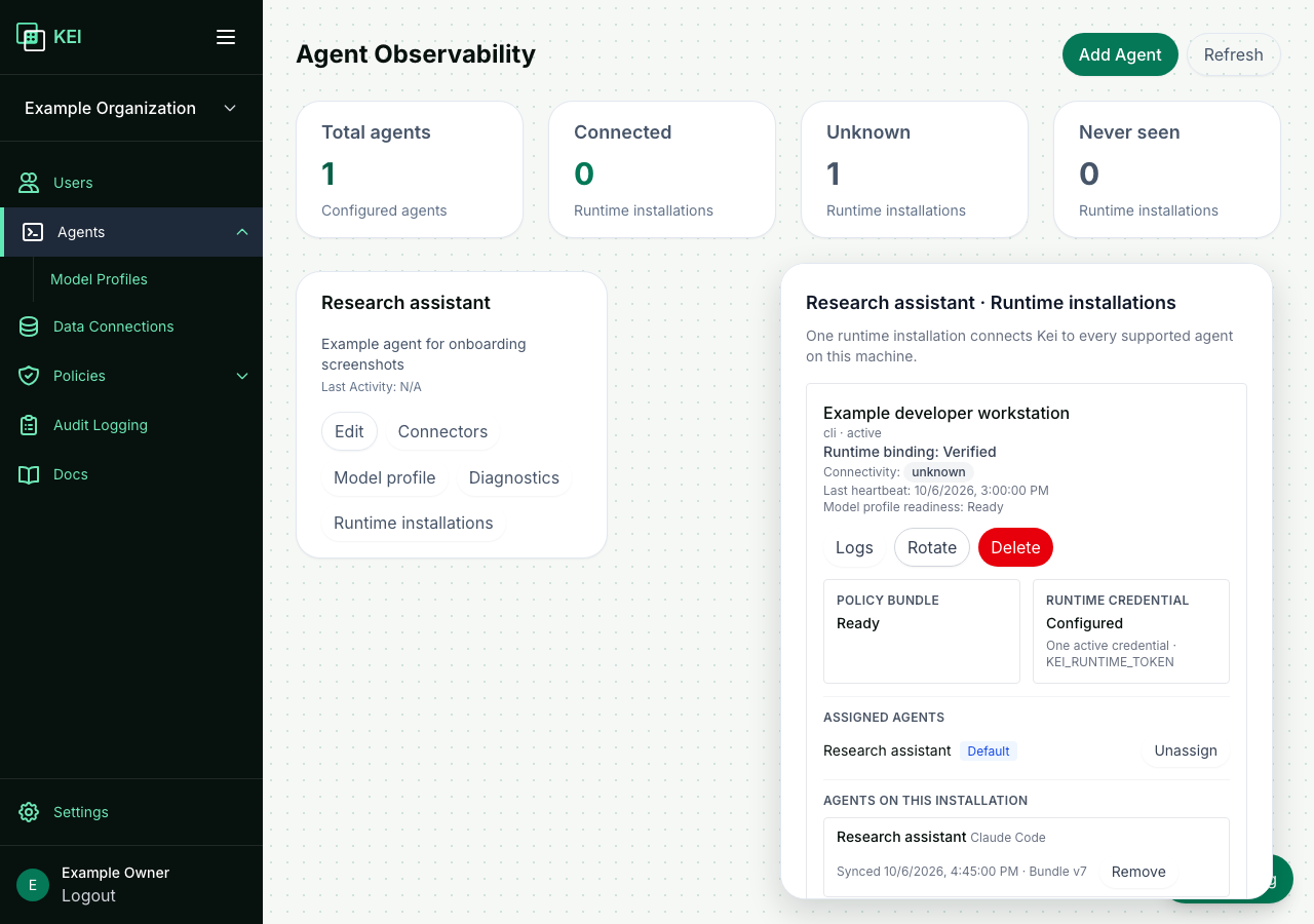 Agents page showing the same installation as unknown with a stale heartbeat