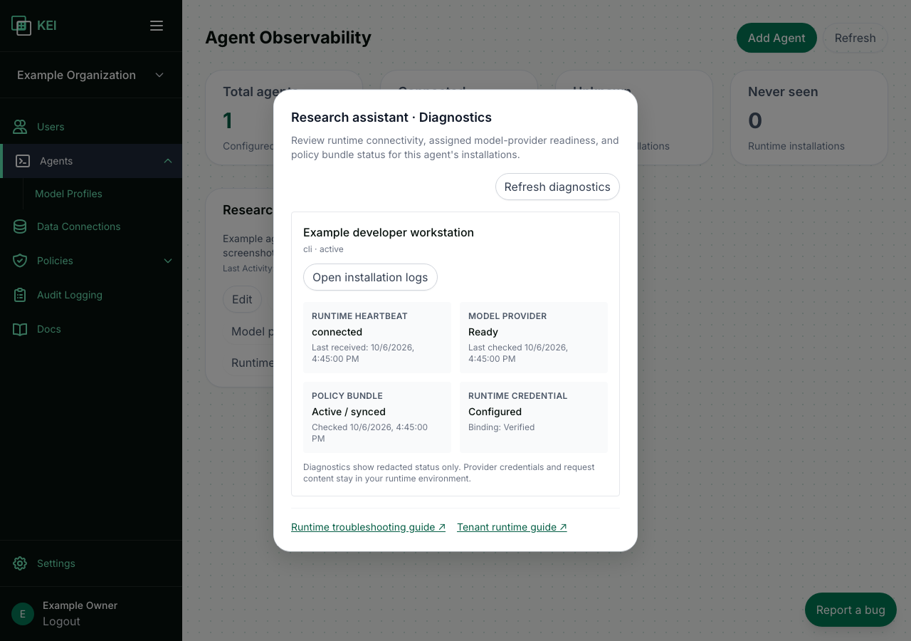 Diagnostics showing Runtime heartbeat connected